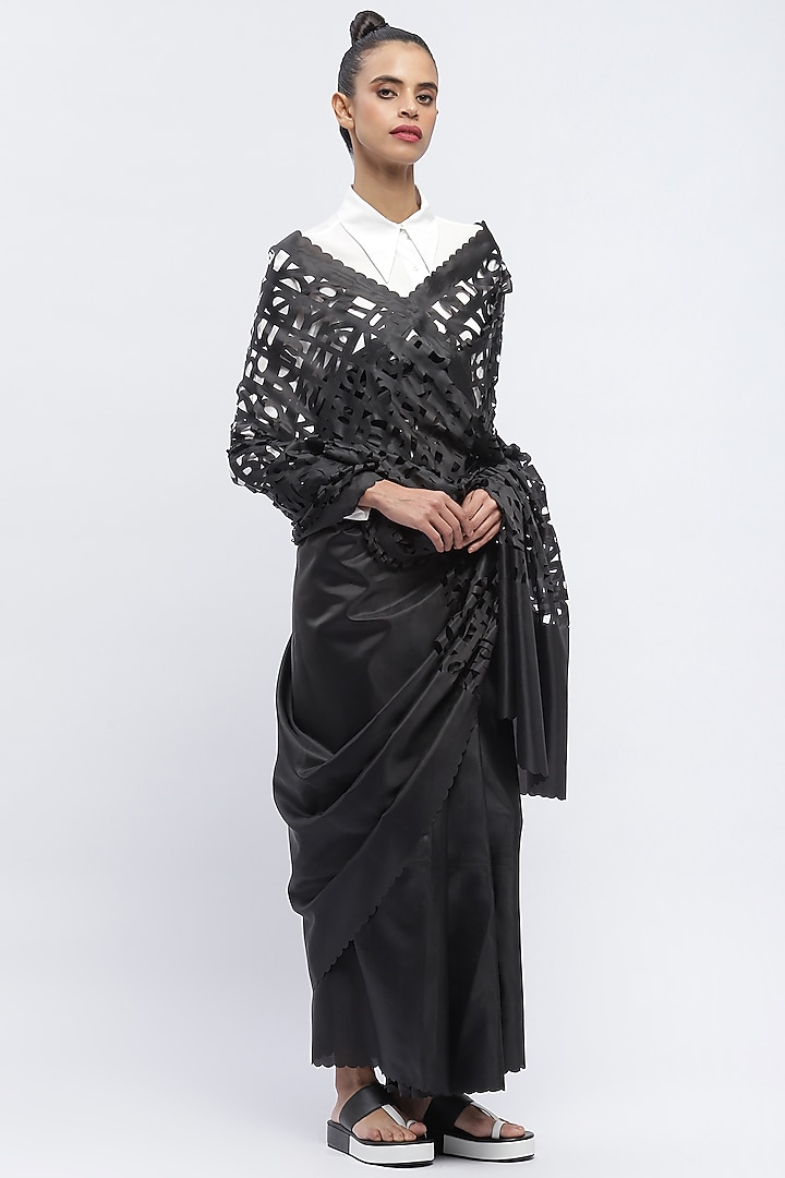 Black Reinforced Ripstop Nylon Wedding Saree by Abraham & Thakore at Pernia's Pop Up Shop