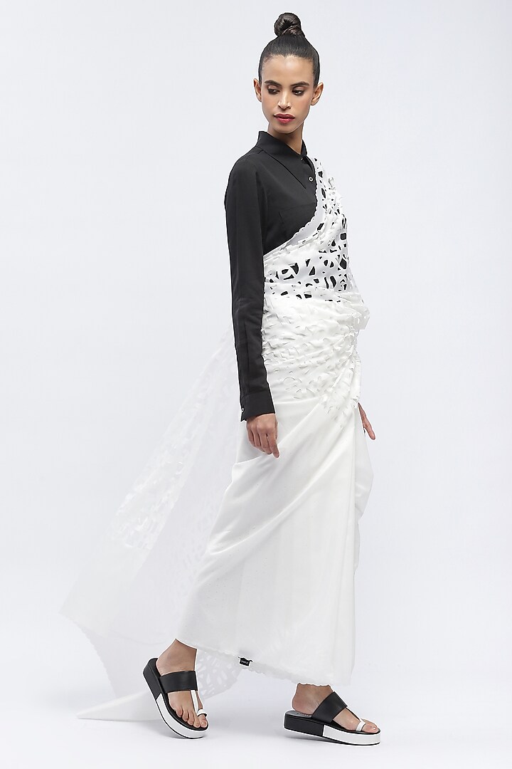 White Reinforced Ripstop Nylon Wedding Saree by Abraham & Thakore at Pernia's Pop Up Shop