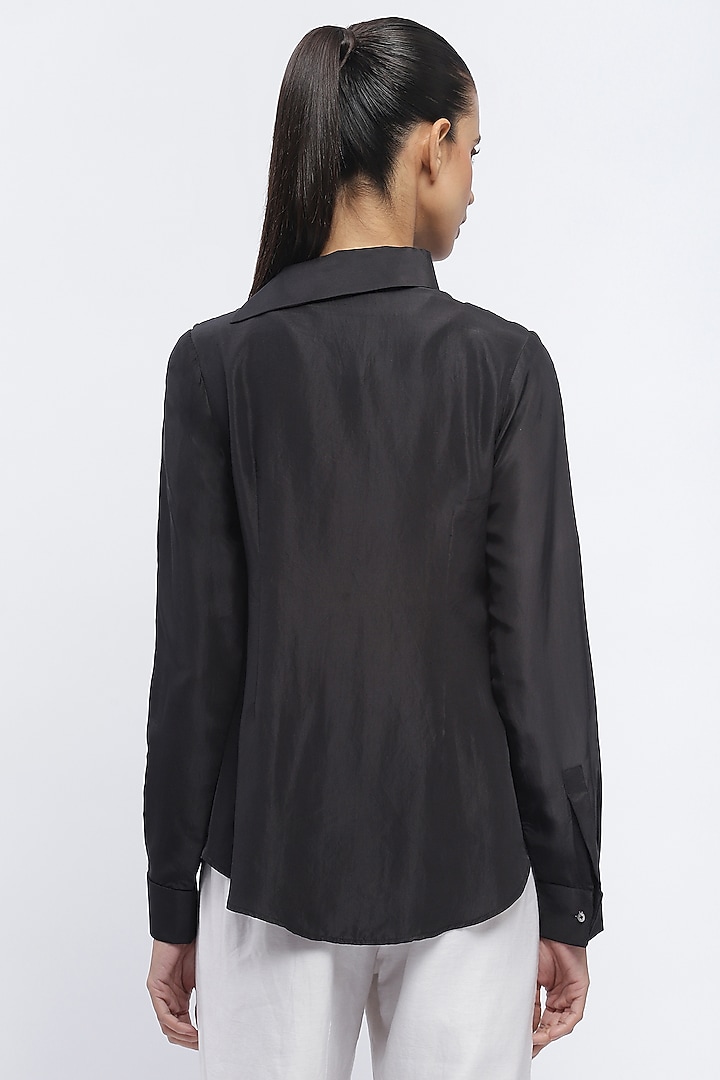 Black Crepe De Chine Mother-Of-Pearl Embellished Shirt by Abraham & Thakore at Pernia's Pop Up Shop