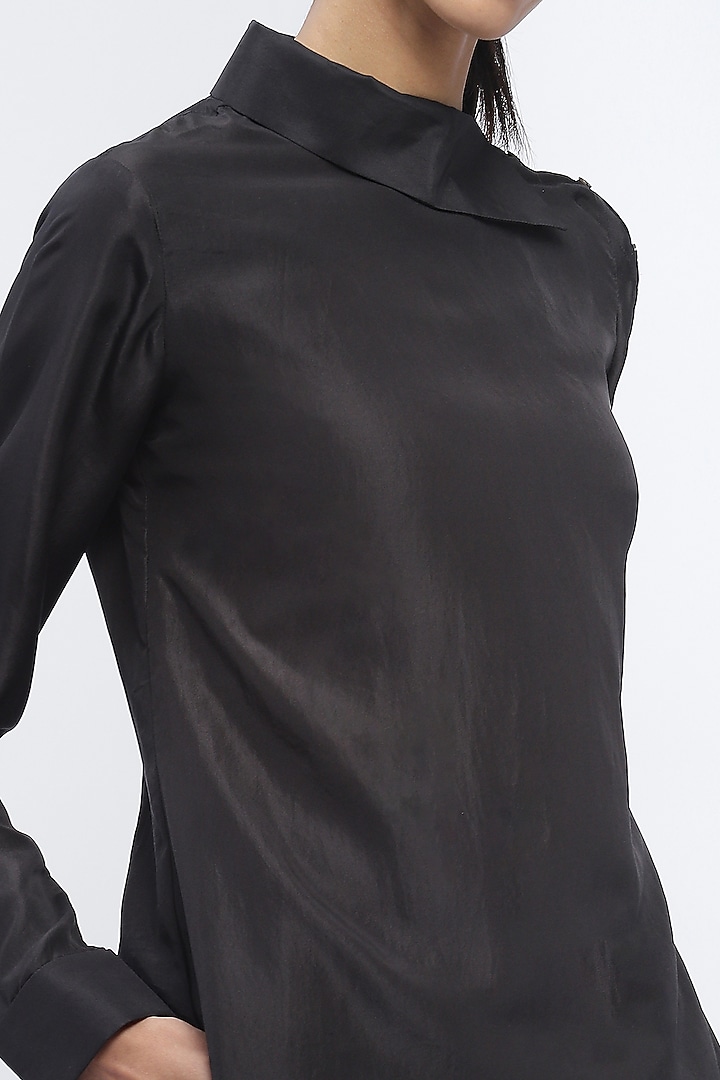 Black Crepe De Chine Mother-Of-Pearl Embellished Shirt by Abraham & Thakore at Pernia's Pop Up Shop