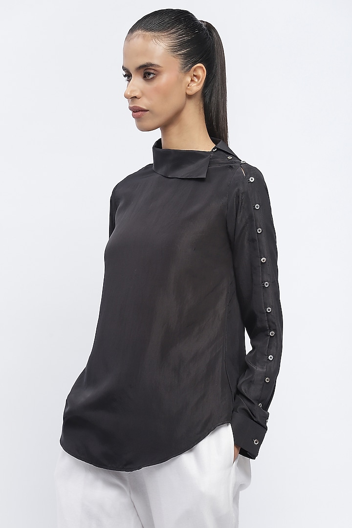 Black Crepe De Chine Mother-Of-Pearl Embellished Shirt by Abraham & Thakore at Pernia's Pop Up Shop