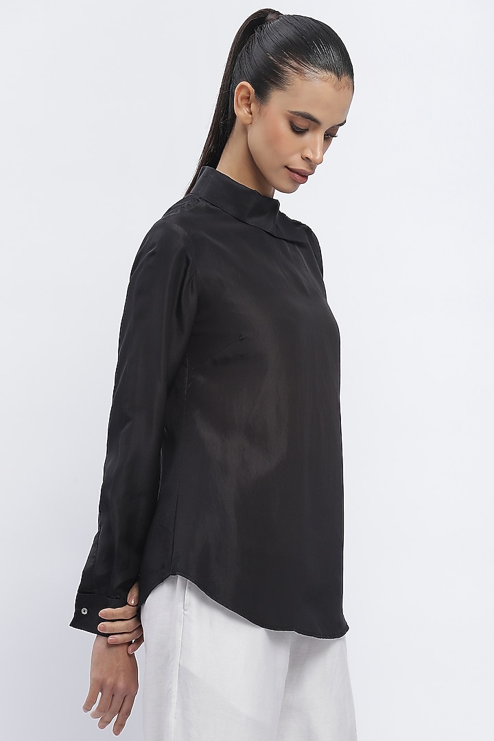 Black Crepe De Chine Mother-Of-Pearl Embellished Shirt by Abraham & Thakore at Pernia's Pop Up Shop