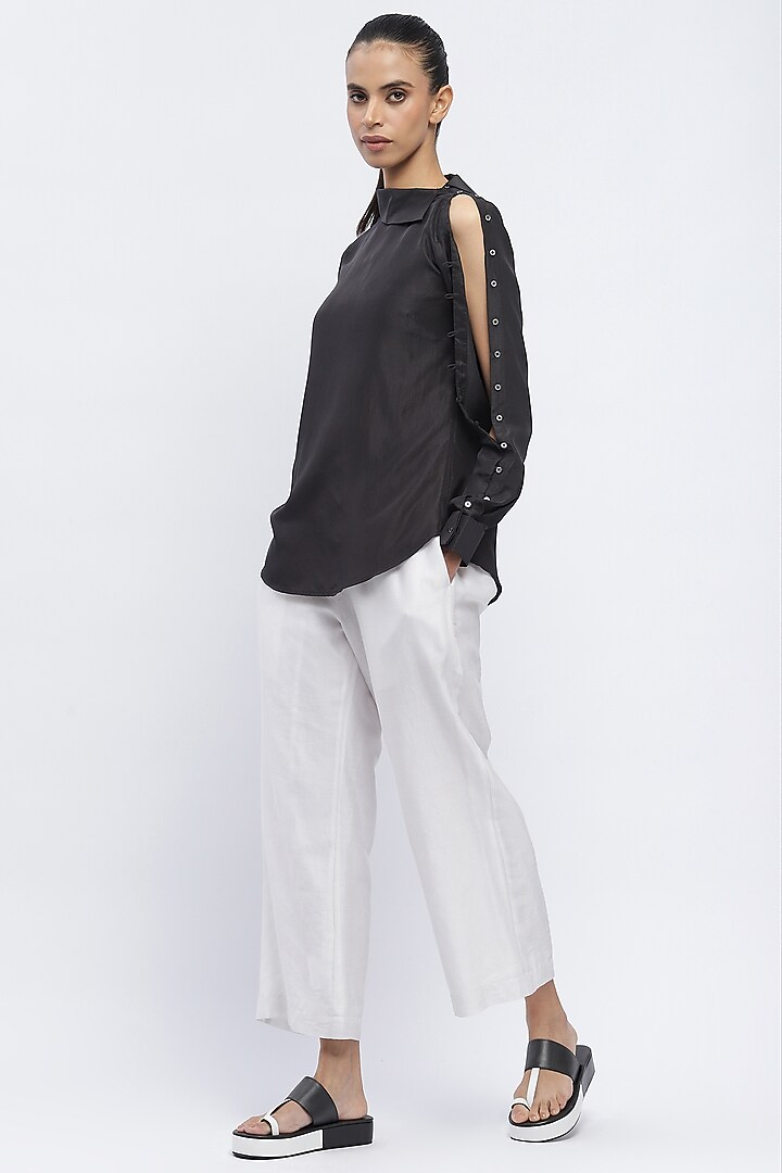 Black Crepe De Chine Mother-Of-Pearl Embellished Shirt by Abraham & Thakore at Pernia's Pop Up Shop