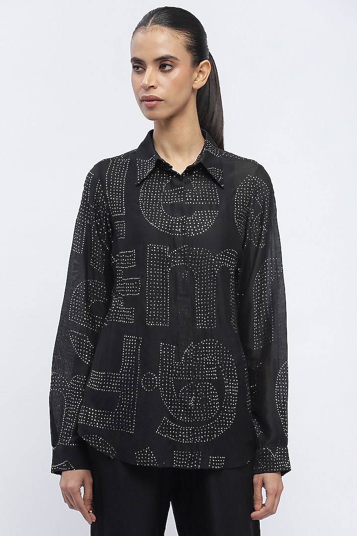 Black Silk & Cotton Embellished Shirt by Abraham & Thakore at Pernia's Pop Up Shop