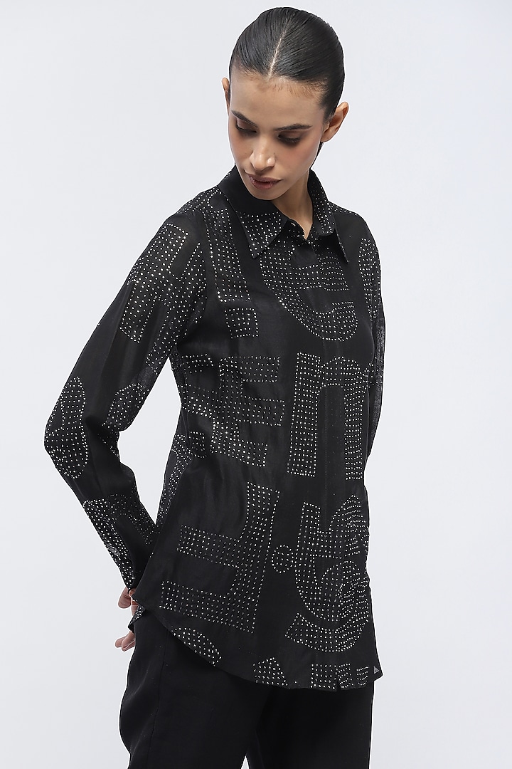 Black Silk & Cotton Embellished Shirt by Abraham & Thakore at Pernia's Pop Up Shop