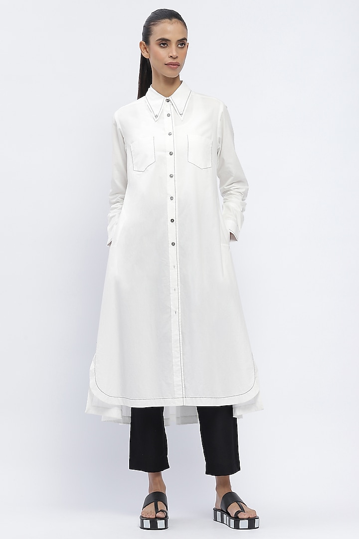 Ivory Cotton Poplin Long Shirt by Abraham & Thakore at Pernia's Pop Up Shop