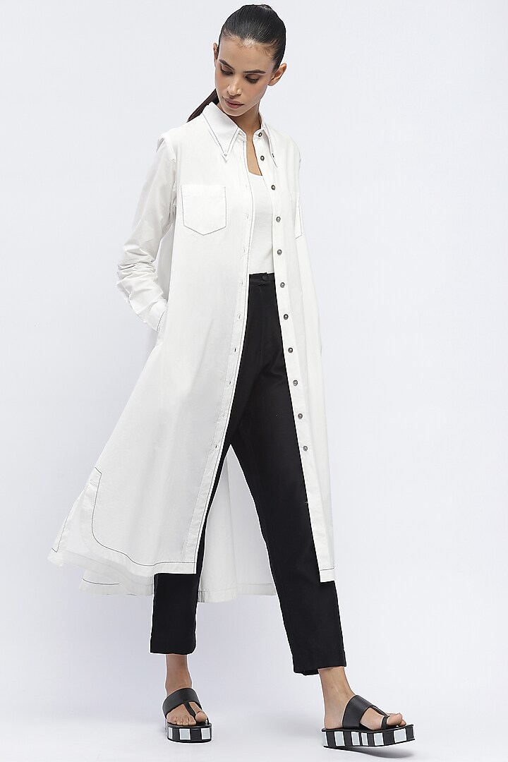 Ivory Cotton Poplin Long Shirt by Abraham & Thakore at Pernia's Pop Up Shop