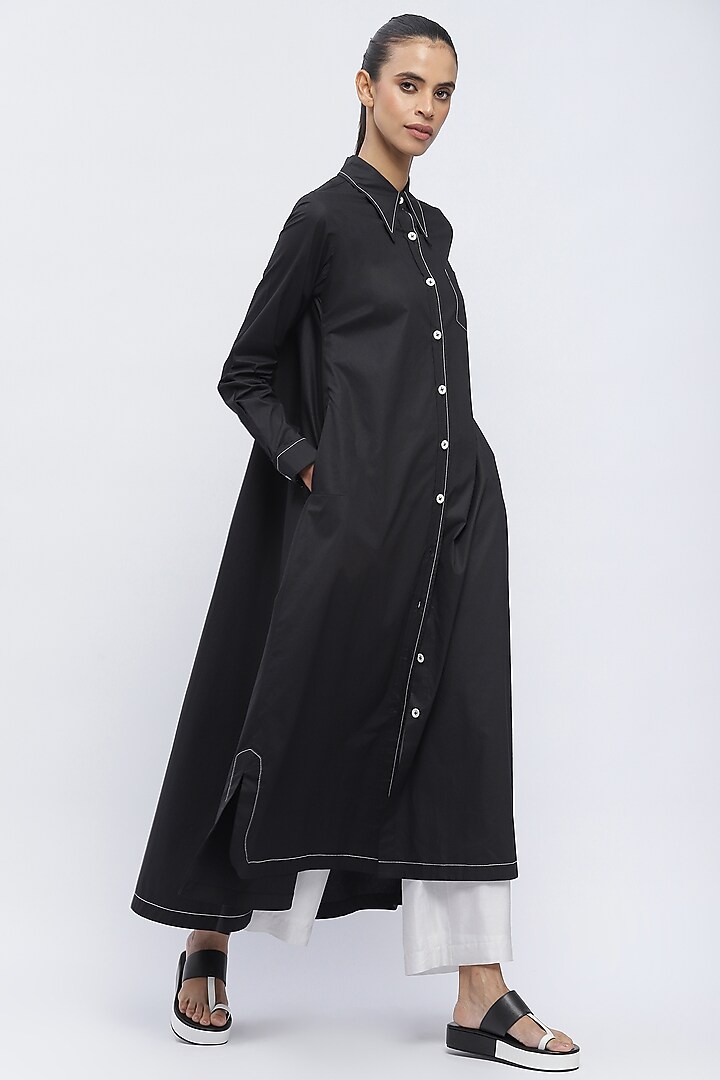 Black Cotton Poplin Long Shirt by Abraham & Thakore at Pernia's Pop Up Shop