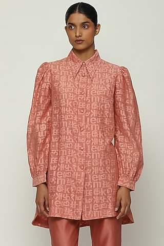 Peach Handwoven Silk & Cotton Cutwork Shirt by Abraham & Thakore