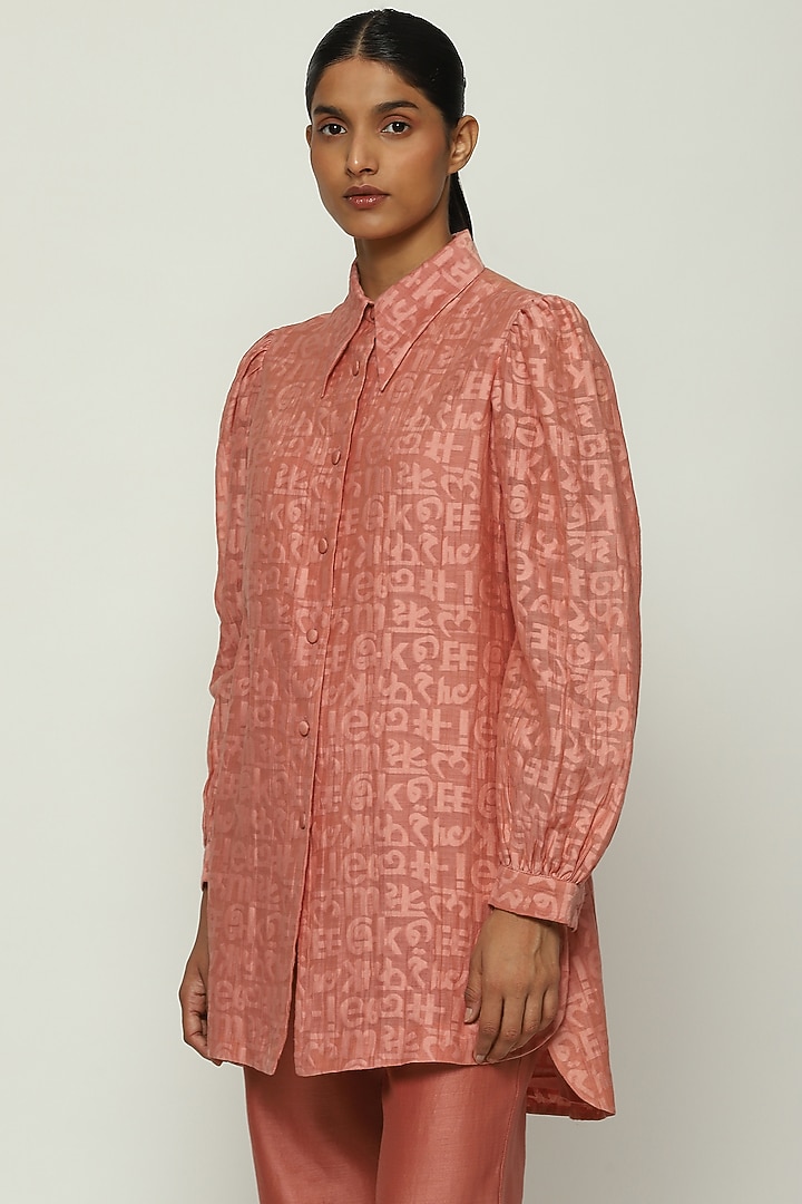 Peach Handwoven Silk & Cotton Cutwork Shirt by Abraham & Thakore at Pernia's Pop Up Shop
