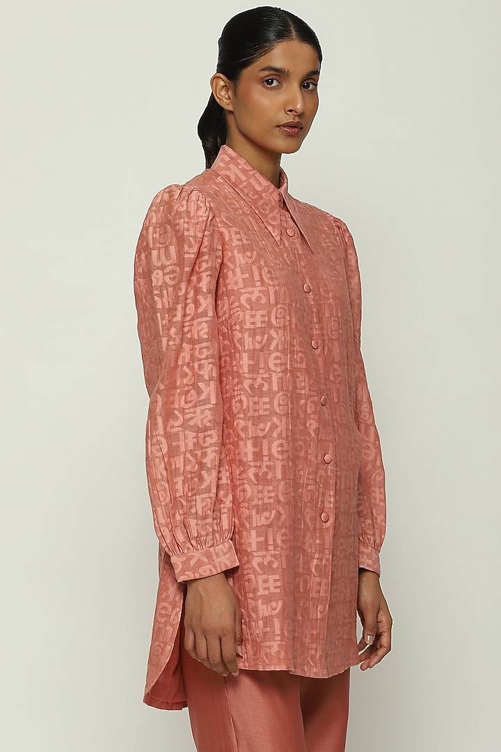 Peach Handwoven Silk & Cotton Cutwork Shirt by Abraham & Thakore at Pernia's Pop Up Shop