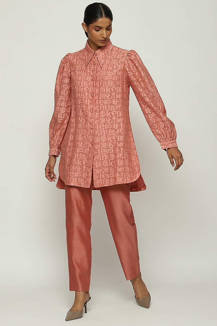 Peach Handwoven Silk & Cotton Cutwork Shirt by Abraham & Thakore at Pernia's Pop Up Shop