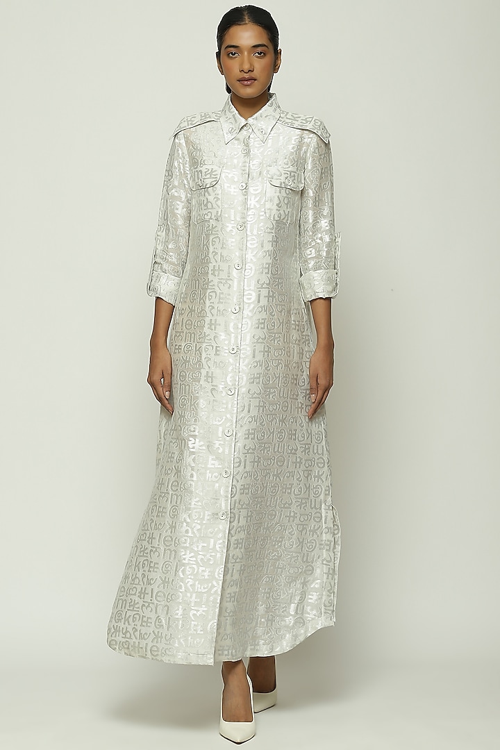 Ivory Handwoven Silk & Cotton Zari Brocade Work Shirt Dress by Abraham & Thakore at Pernia's Pop Up Shop