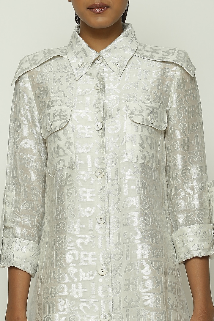 Ivory Handwoven Silk & Cotton Zari Brocade Work Vacation Shirt Dress by Abraham & Thakore at Pernia's Pop Up Shop