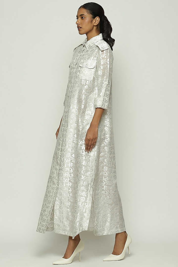 Ivory Handwoven Silk & Cotton Zari Brocade Work Vacation Shirt Dress by Abraham & Thakore at Pernia's Pop Up Shop