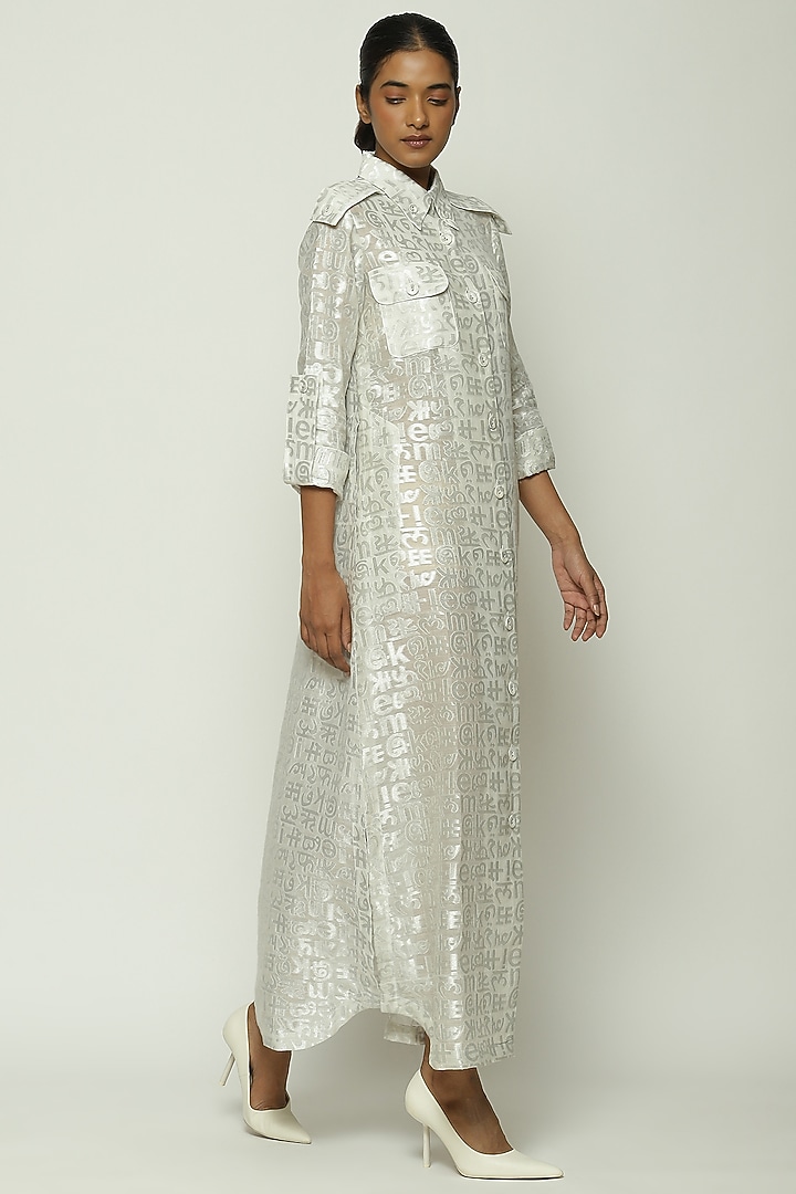 Ivory Handwoven Silk & Cotton Zari Brocade Work Vacation Shirt Dress by Abraham & Thakore at Pernia's Pop Up Shop