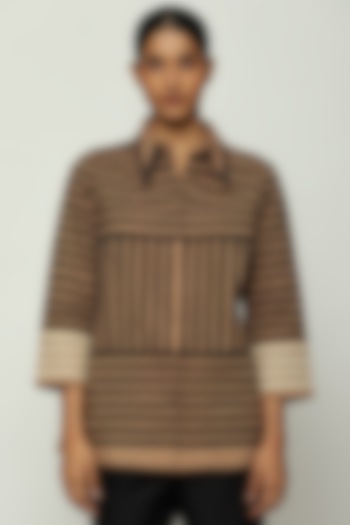 Beige Cotton Cambric Striped Shirt by Abraham & Thakore at Pernia's Pop Up Shop