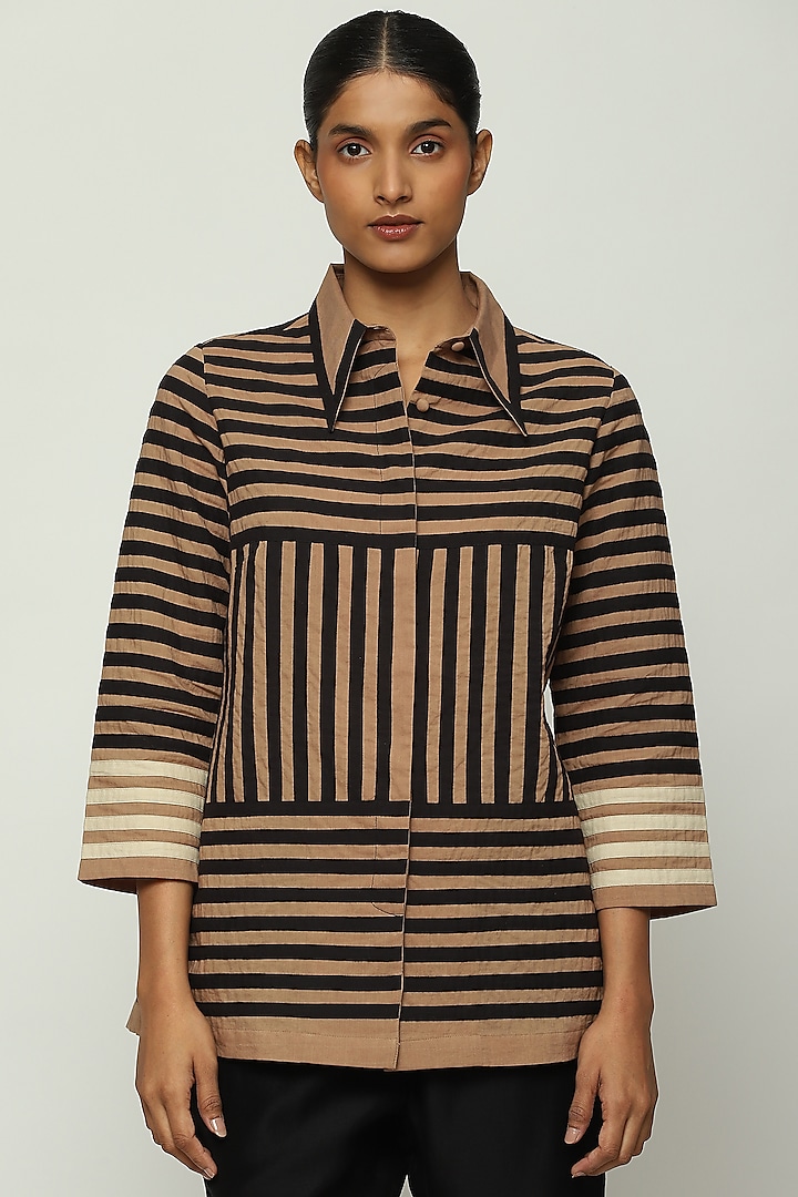 Beige Cotton Cambric Striped Shirt by Abraham & Thakore at Pernia's Pop Up Shop