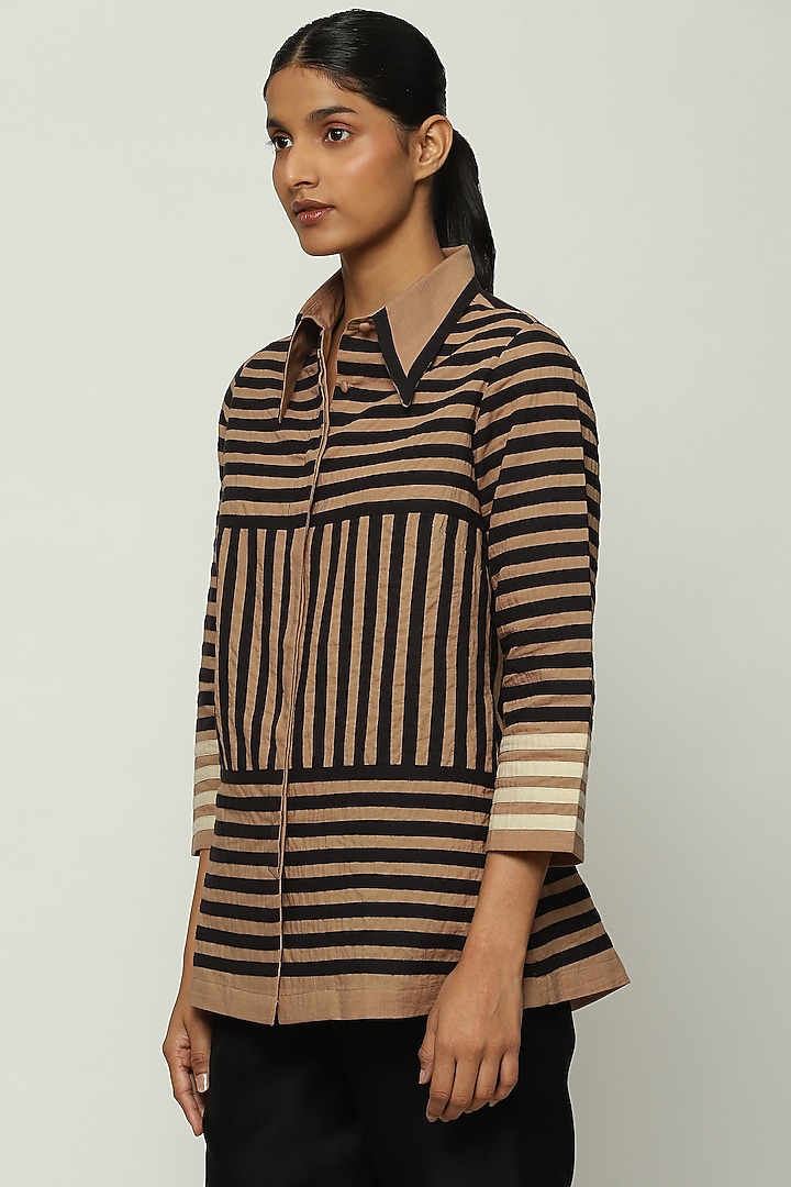 Beige Cotton Cambric Striped Shirt by Abraham & Thakore at Pernia's Pop Up Shop