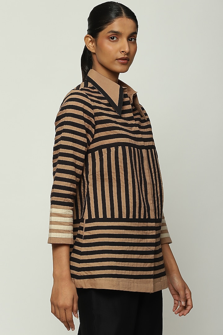 Beige Cotton Cambric Striped Shirt by Abraham & Thakore at Pernia's Pop Up Shop