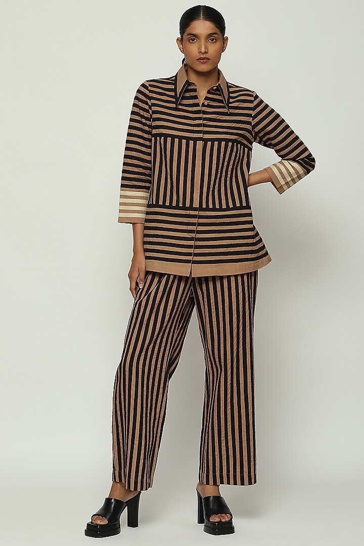 Beige Cotton Cambric Striped Shirt by Abraham & Thakore at Pernia's Pop Up Shop