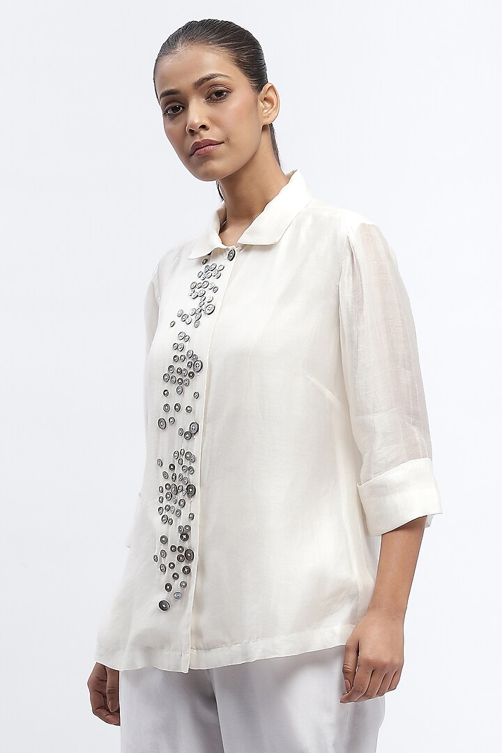 Ivory Chanderi Mother Of Pearl Embroidered Shirt by Abraham & Thakore at Pernia's Pop Up Shop