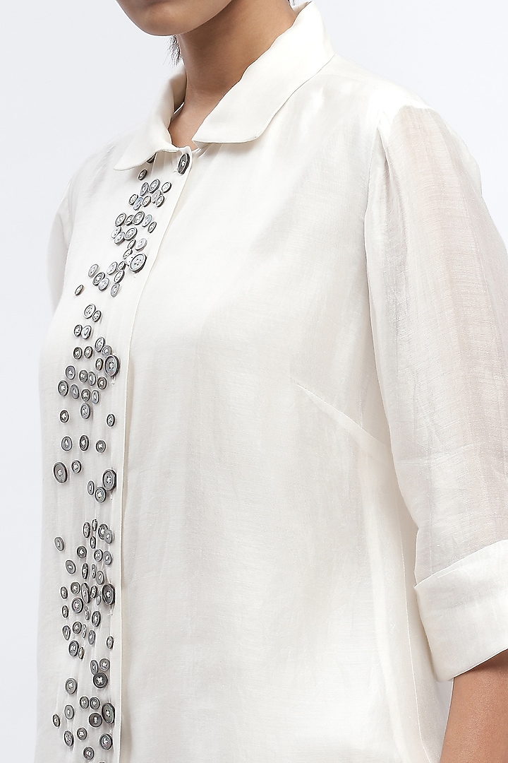 Ivory Chanderi Mother Of Pearl Embroidered Shirt by Abraham & Thakore at Pernia's Pop Up Shop