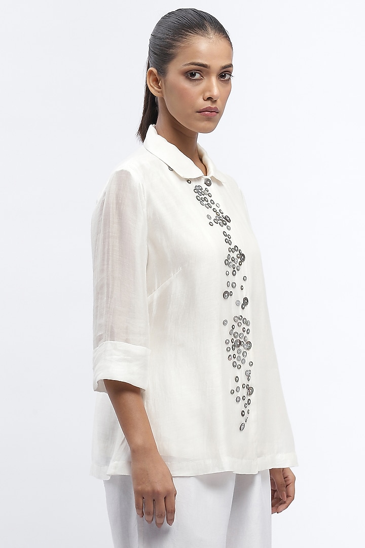 Ivory Chanderi Mother Of Pearl Embroidered Shirt by Abraham & Thakore at Pernia's Pop Up Shop