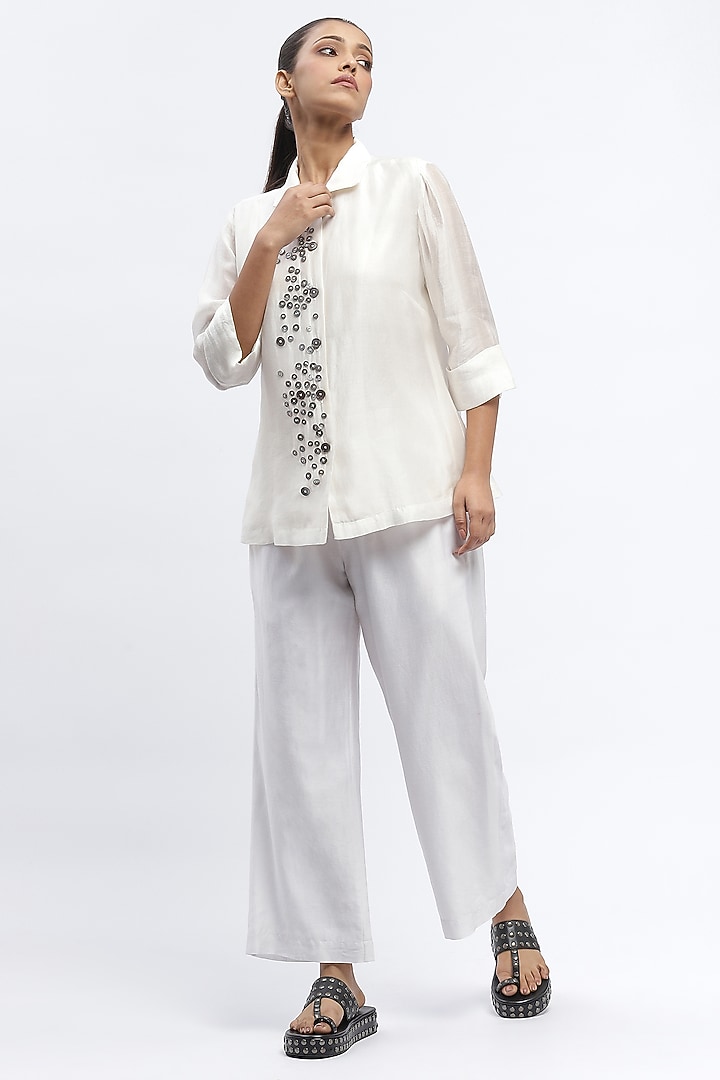 Ivory Chanderi Mother Of Pearl Embroidered Shirt by Abraham & Thakore at Pernia's Pop Up Shop