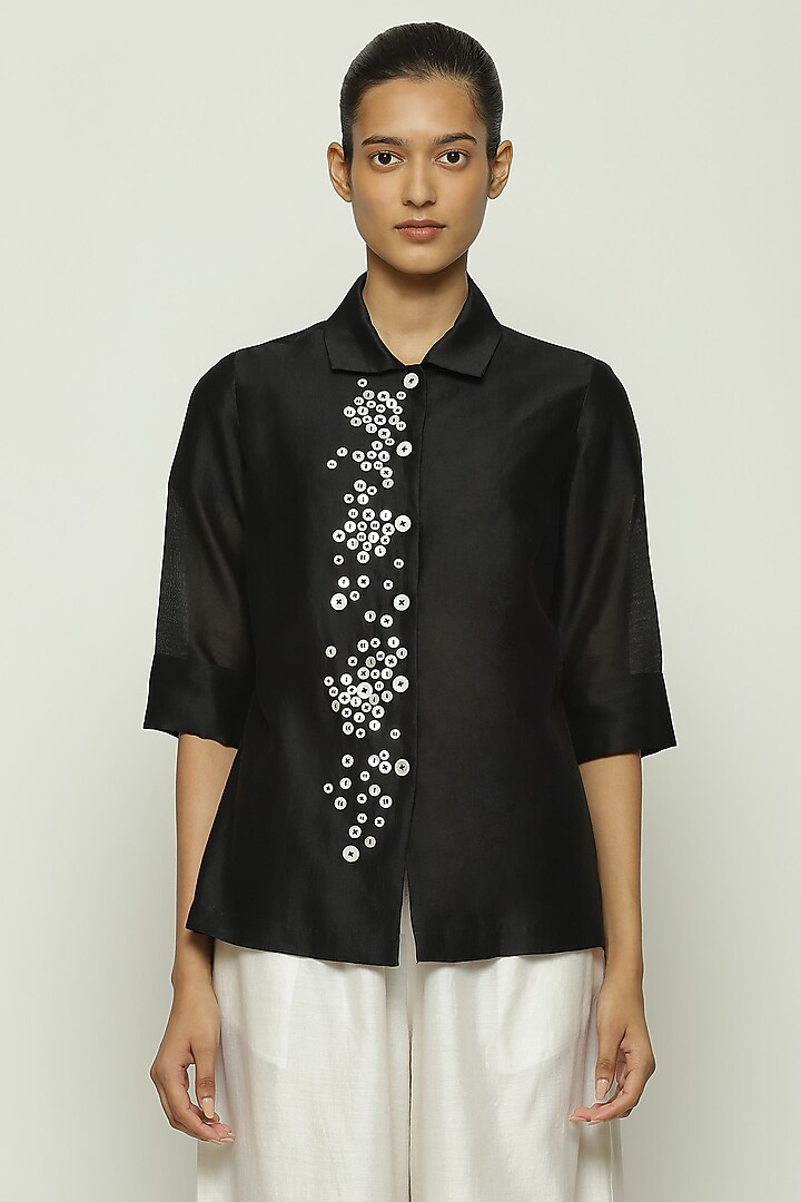 Black Chanderi Mother Of Pearl Embroidered Shirt by Abraham & Thakore at Pernia's Pop Up Shop