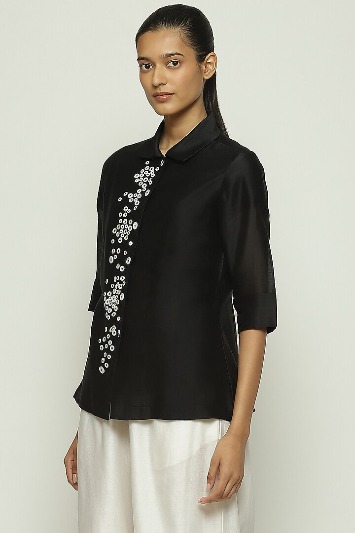 Black Chanderi Mother Of Pearl Embroidered Shirt by Abraham & Thakore at Pernia's Pop Up Shop