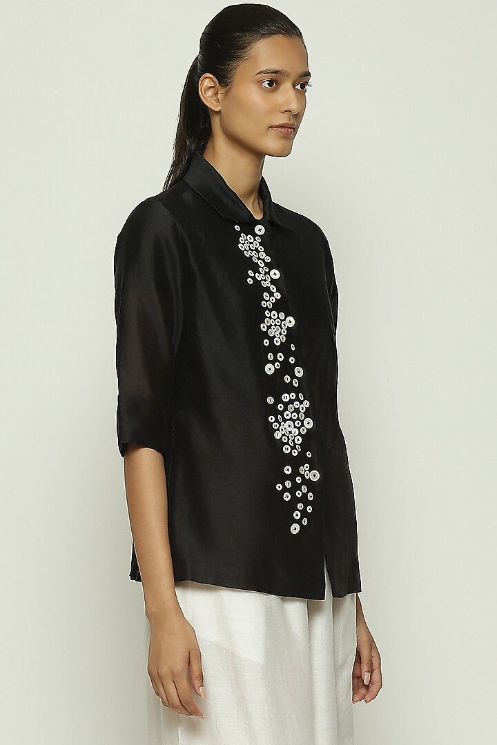 Black Chanderi Mother Of Pearl Embroidered Shirt by Abraham & Thakore at Pernia's Pop Up Shop