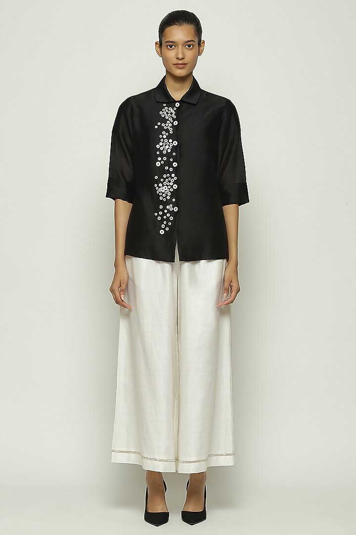 Black Chanderi Mother Of Pearl Embroidered Shirt by Abraham & Thakore at Pernia's Pop Up Shop