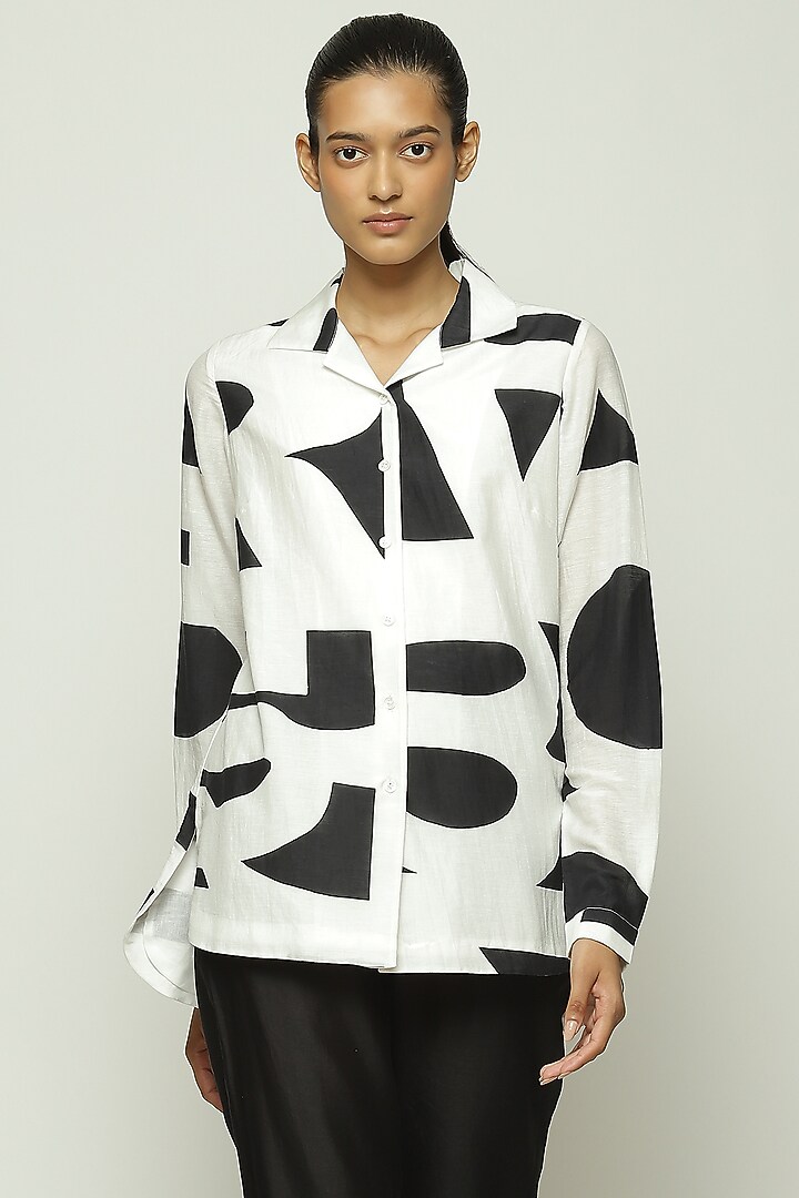 White & Black Tencel Cotton Shirt by Abraham & Thakore at Pernia's Pop Up Shop