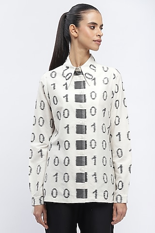 Ivory Silk & Cotton Ikat Shirt by Abraham & Thakore