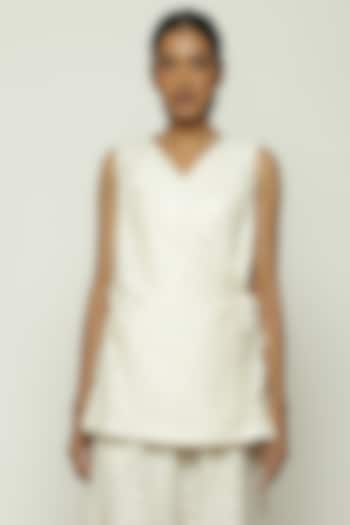 Ivory Handwoven Silk & Cotton Cutwork Wrap Top by Abraham & Thakore at Pernia's Pop Up Shop