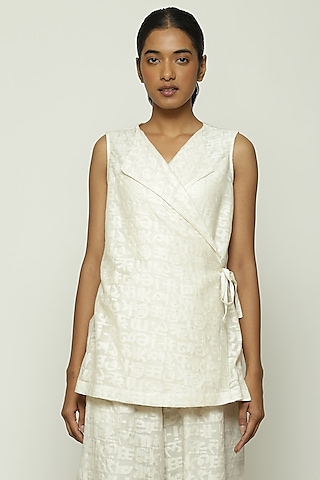 Ivory Handwoven Silk & Cotton Cutwork Wrap Top by Abraham & Thakore
