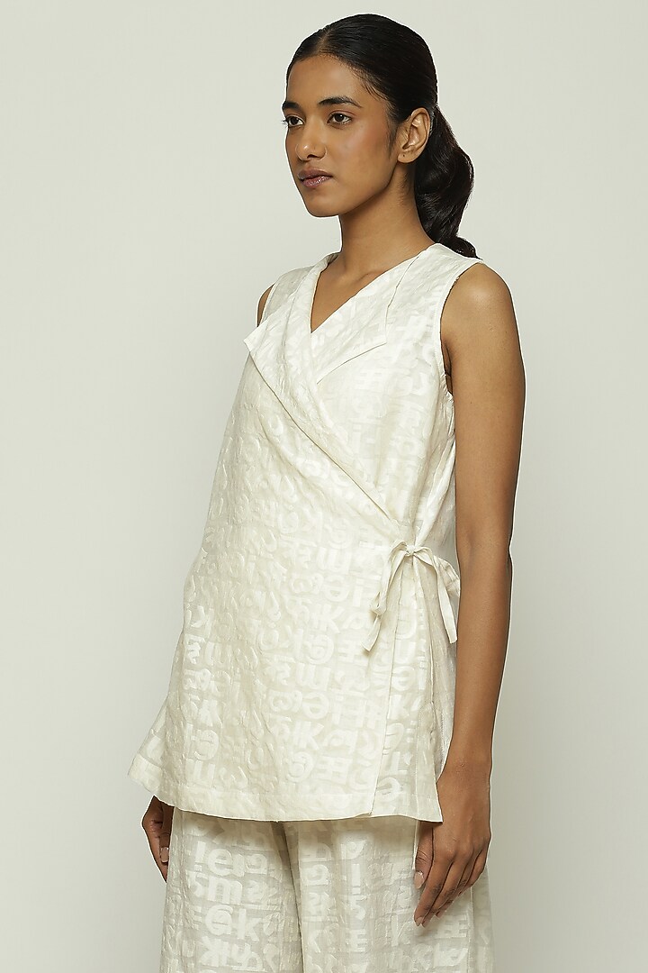 Ivory Handwoven Silk & Cotton Cutwork Wrap Top by Abraham & Thakore at Pernia's Pop Up Shop