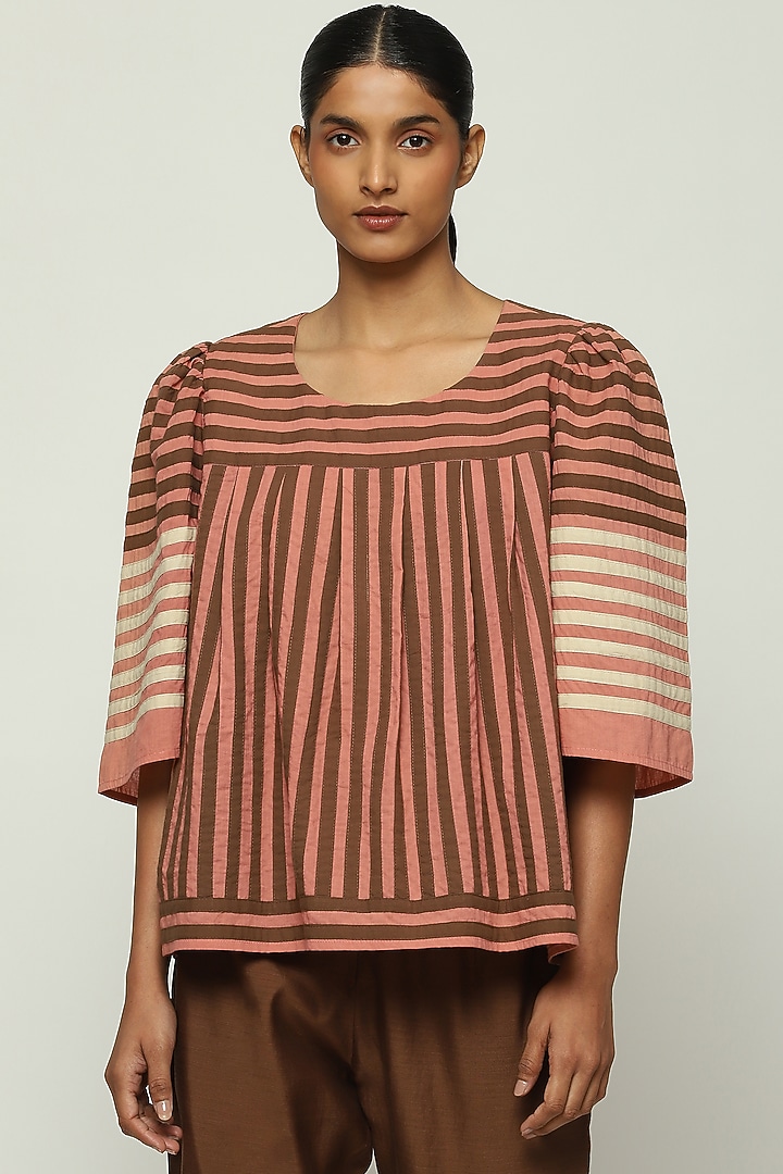 Peach Cotton Cambric Striped Top by Abraham & Thakore at Pernia's Pop Up Shop