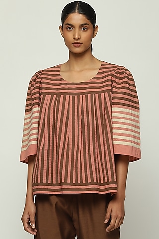 Peach Cotton Cambric Striped Top by Abraham & Thakore