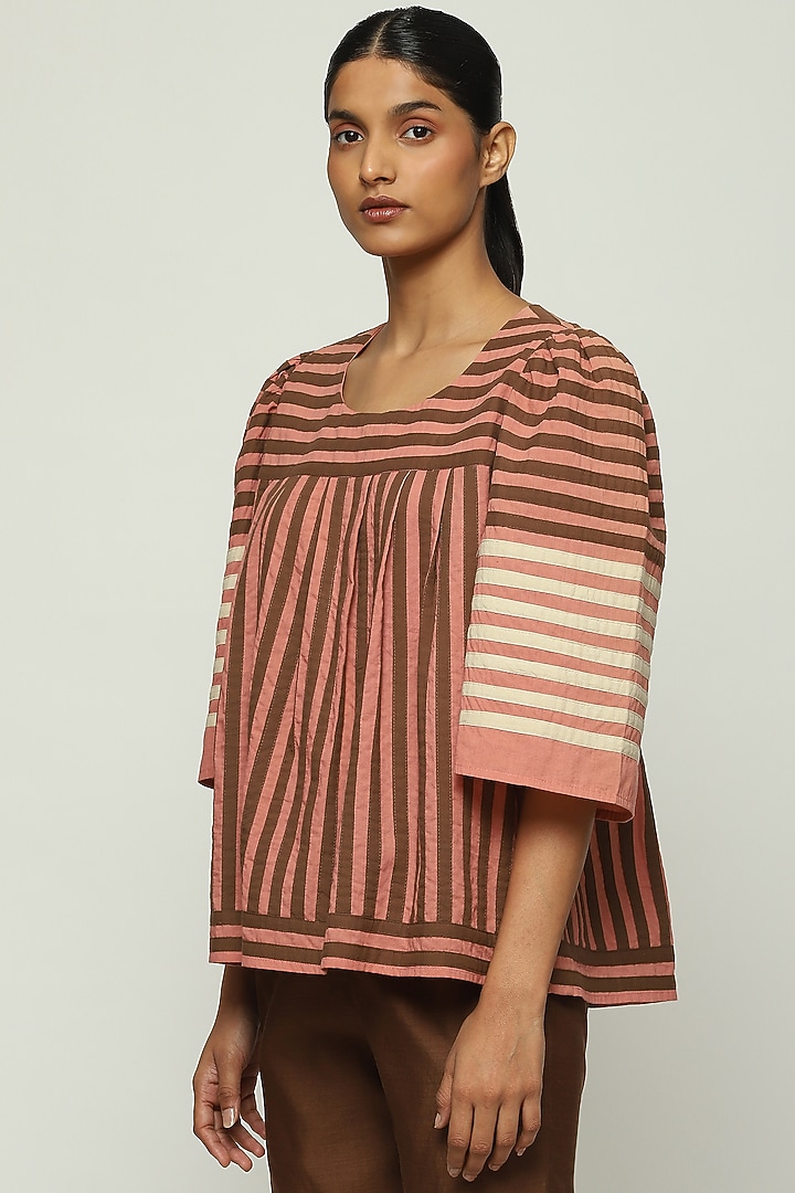 Peach Cotton Cambric Striped Top by Abraham & Thakore at Pernia's Pop Up Shop