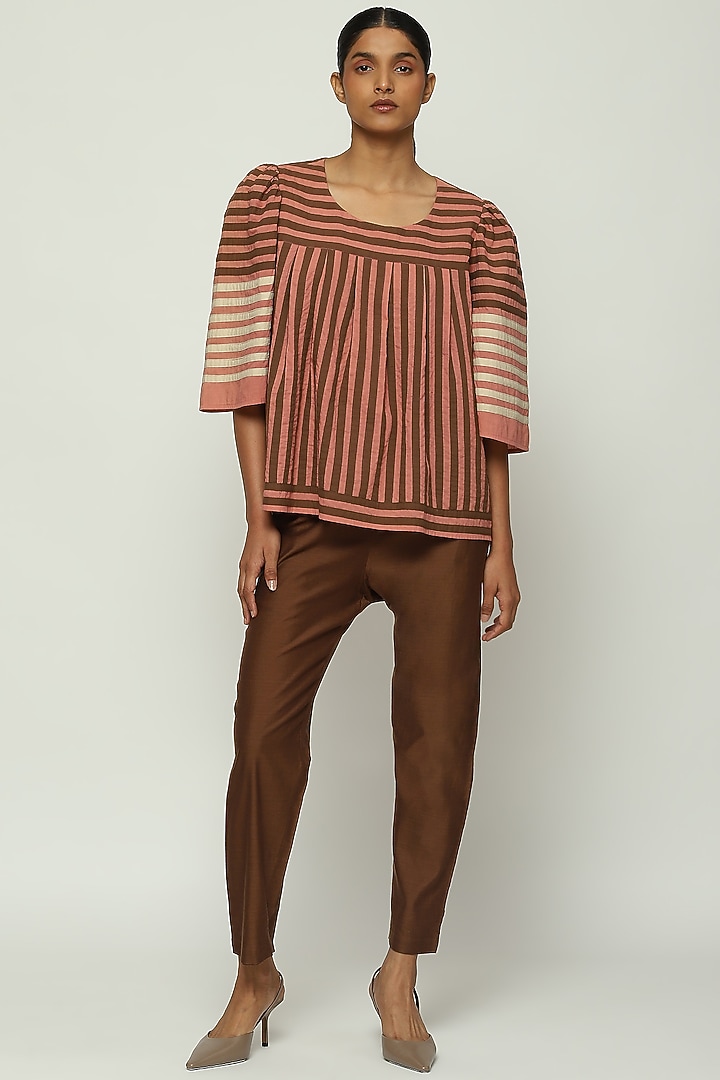 Peach Cotton Cambric Striped Top by Abraham & Thakore at Pernia's Pop Up Shop