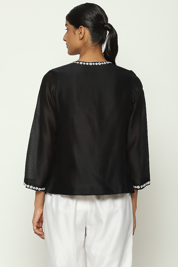 Black Chanderi Hand Adda Work Jacket Top by Abraham & Thakore at Pernia's Pop Up Shop