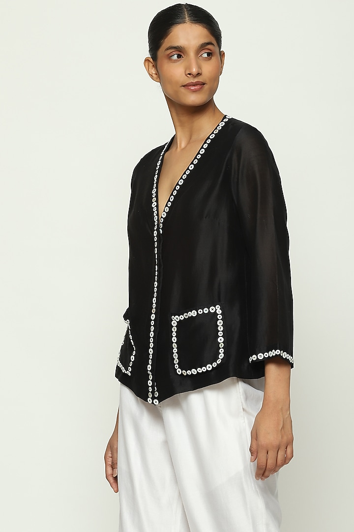 Black Chanderi Hand Adda Work Jacket Top by Abraham & Thakore at Pernia's Pop Up Shop