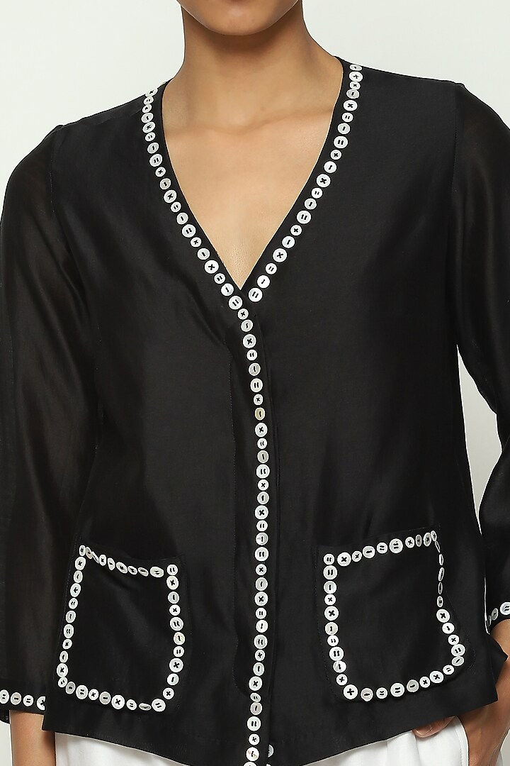 Black Chanderi Hand Adda Work Jacket Top by Abraham & Thakore at Pernia's Pop Up Shop