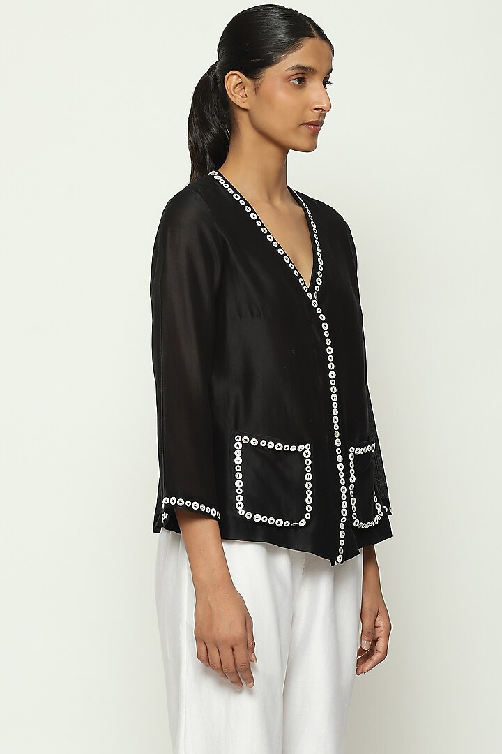 Black Chanderi Hand Adda Work Jacket Top by Abraham & Thakore at Pernia's Pop Up Shop