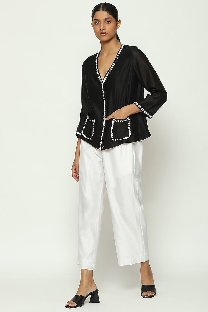Black Chanderi Hand Adda Work Jacket Top by Abraham & Thakore at Pernia's Pop Up Shop