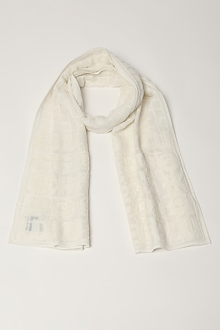 Ivory Silk Georgette Embroidered Woven Scarf by Abraham & Thakore
