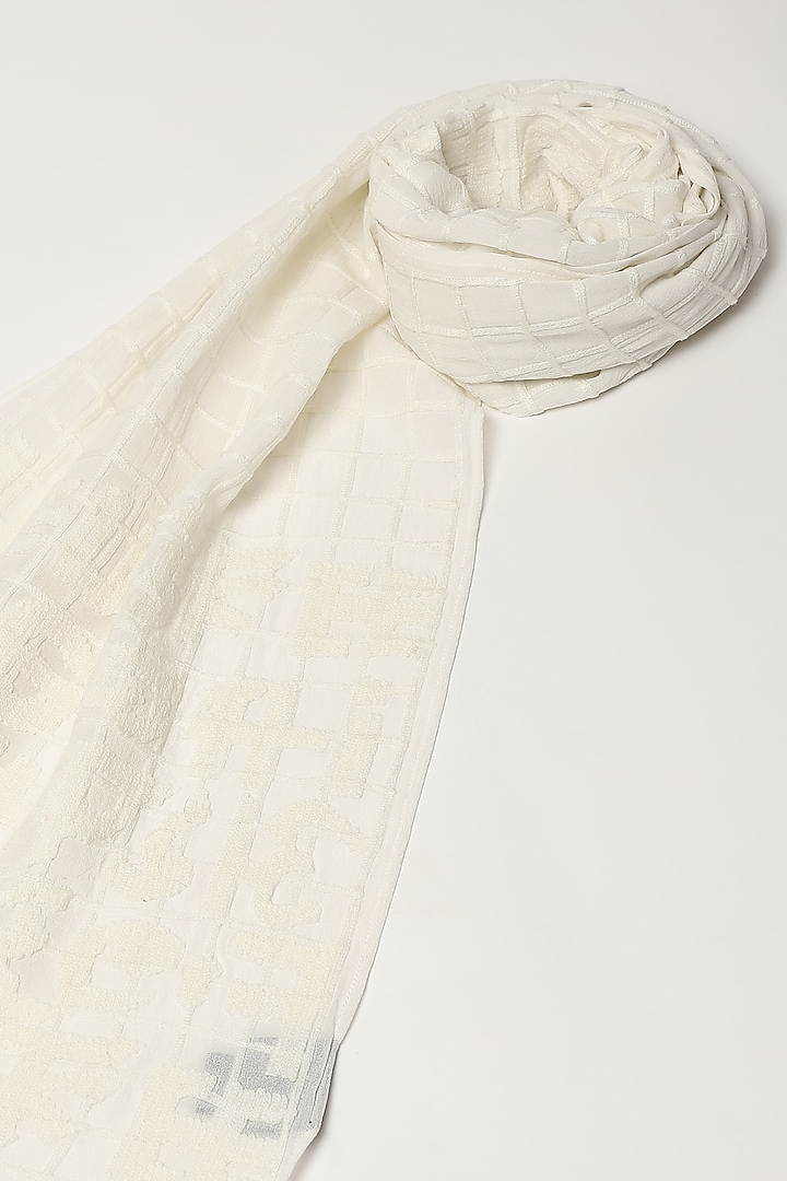 Ivory Silk Georgette Embroidered Woven Scarf by Abraham & Thakore at Pernia's Pop Up Shop