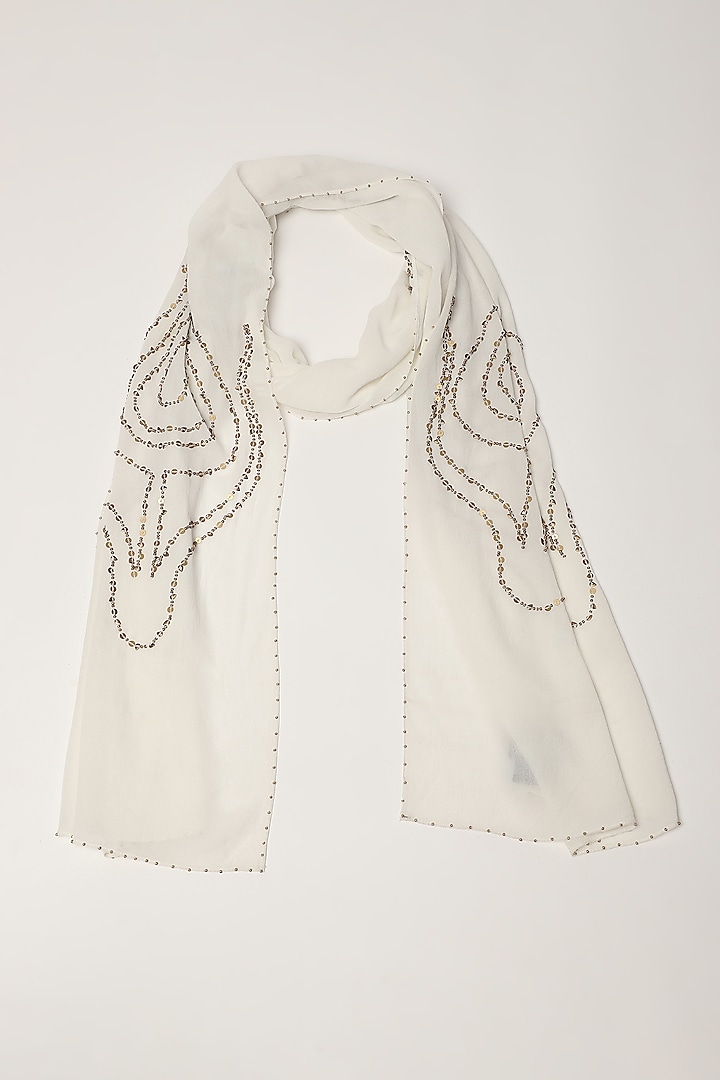 Ivory Silk Georgette Hand Embroidered Scarf by Abraham & Thakore at Pernia's Pop Up Shop